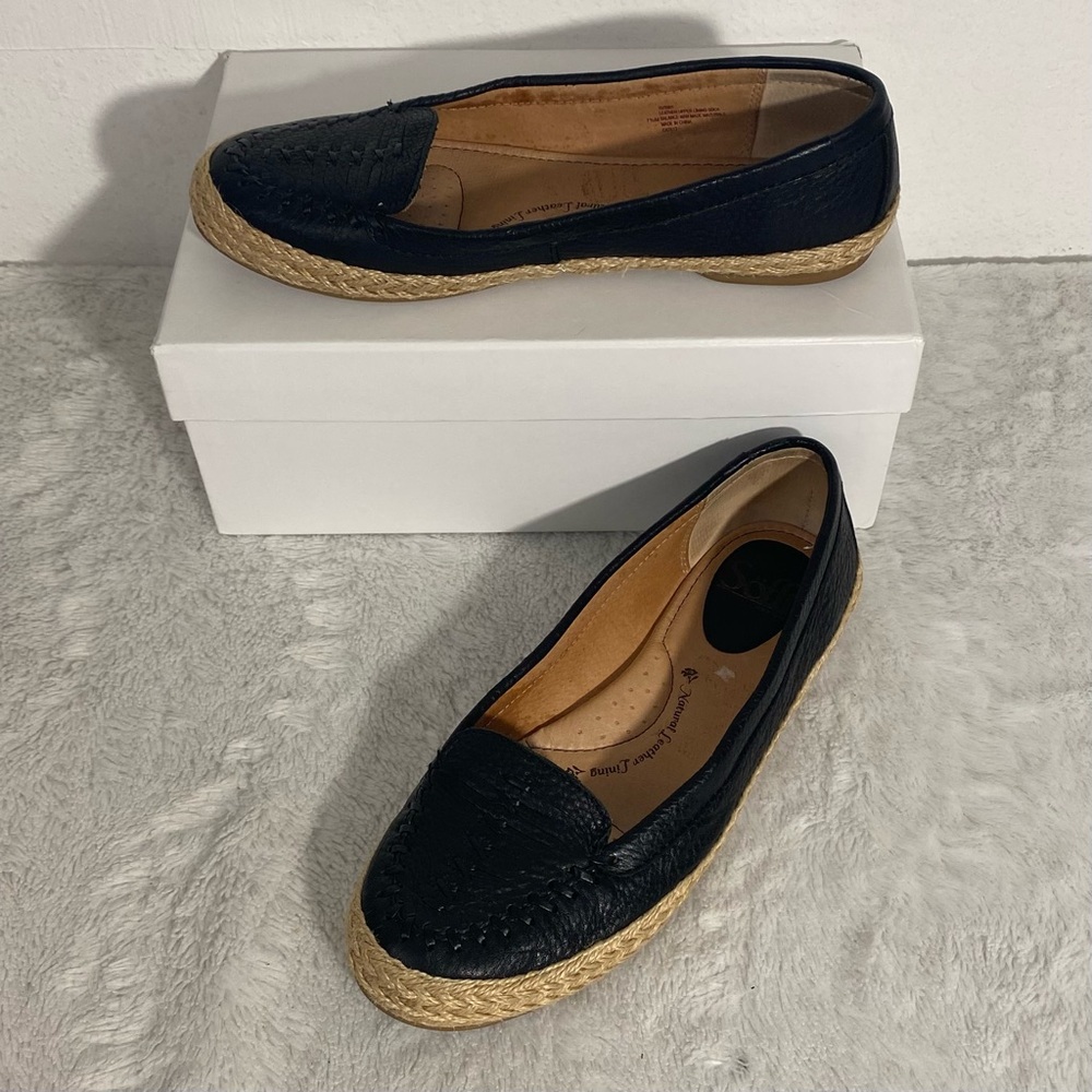 Sofft Malia Black Leather Espadrille Slip On Flats Women’s Size 7.5M